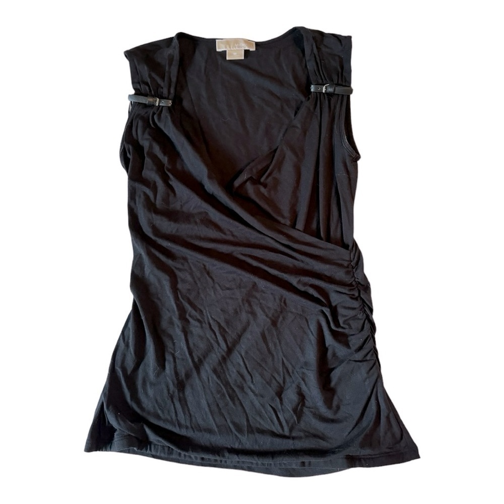 Michael Kors Faux Wrap Jersey Tank with Leather Buckle Accent, Black, Size M